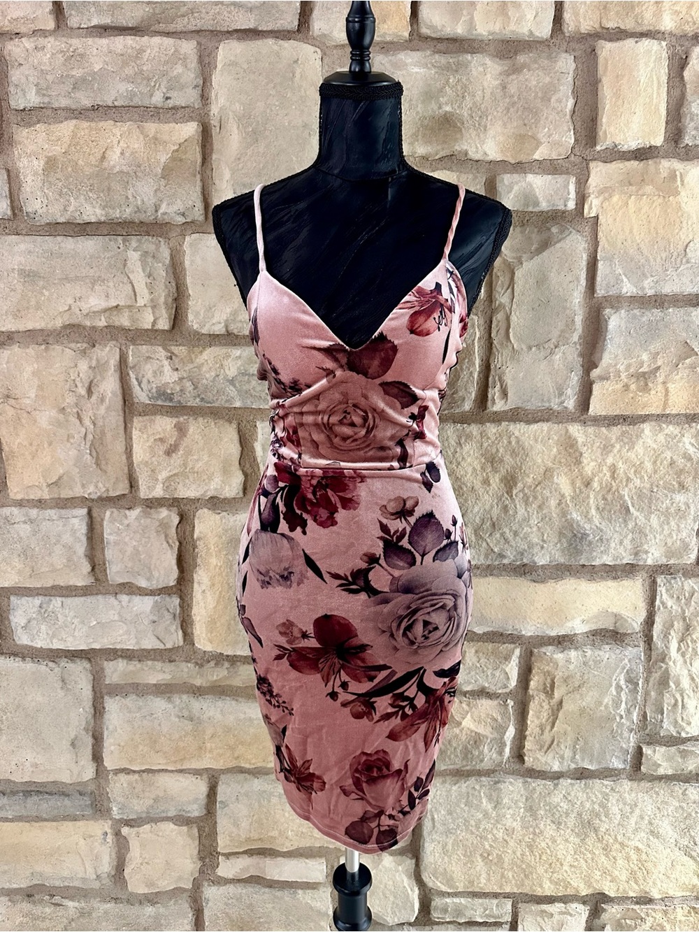 Pink Floral Velvet Bodycon Dress with Spaghetti Straps